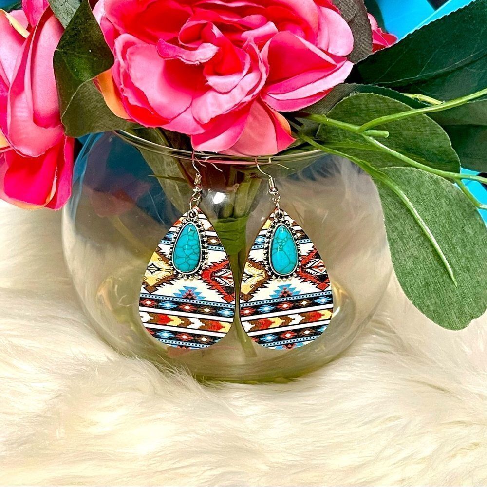 Brand New Aztec Turquoise Wooden Dangle Earring #2